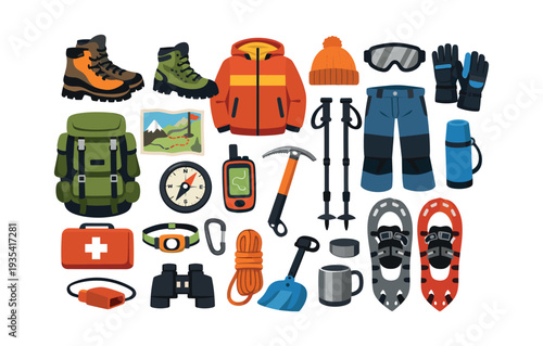 Essential gear for extreme hiking, snowshoeing, and mountaineering, organized for preparing winter expeditions and travel