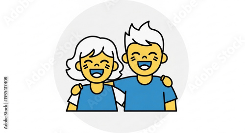 Smiling senior couple in blue shirts with arms around each other in a circle