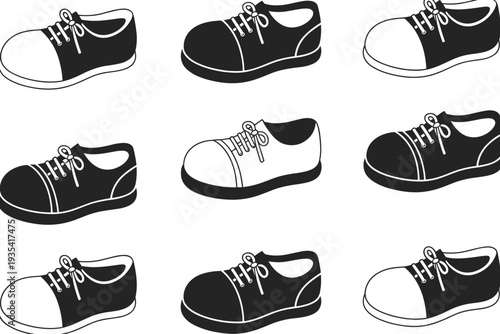 Nine cartoon shoes in black and white with laces and two tone design Keywords: shoe, footwear, sneaker, boot, lace, laces