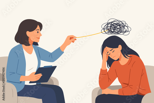 Psychology therapy and mental health support concept with a female therapist helping a stressed patient untangle messy thoughts and anxiety. Professional counseling for depression and relief.