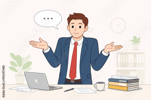 Businessman Shrugging in Office with Speechless Expression, Clueless Professional Man at Desk with Laptop and Books, Awkward Silence and Embarrassment at Work, Nervous Employee Cannot Answer.