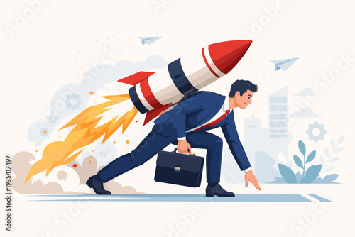 Businessman in Suit with Rocket on Back Ready to Launch for Fast Career Growth and Business Success, Concept of Innovation, Agility, Motivation, and Winning Competition in Corporate World.