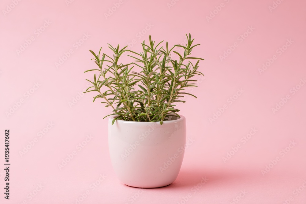 Obraz premium Fresh rosemary grows in a white ceramic pot. Soft pink background enhances minimalist aesthetic. Plant features vibrant green, needle-like leaves. Simple composition ideal for health, wellness