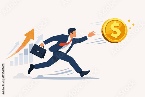Businessman in Suit Running to Catch a Large Gold Dollar Coin with Rising Growth Chart and Upward Arrows in Background, Concept of Chasing High Performance Stocks, Mutual Funds and Financial Success