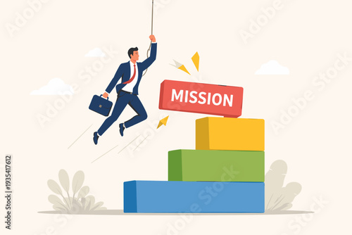 Businessman swinging on a rope to reach the top of a colorful block staircase labeled MISSION. Concept of business leadership, achieving targets, overcoming obstacles, and corporate motivation.