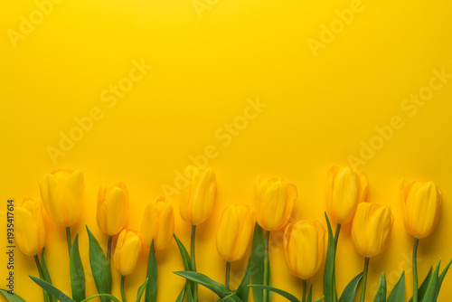 White yellow tulip bouquet on yellow background top view. Happy spring Holidays. Birthday. Women's day. Mother's day. Easter. Floral wedding card, invitation, banner, frame. Beauty.