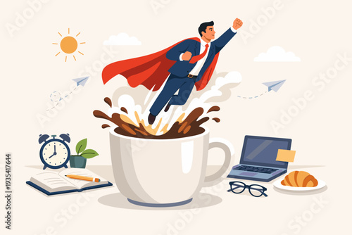 Superhero businessman in a suit and red cape flying out of a giant coffee cup splash to boost energy and productivity. Morning routine concept with office supplies, laptop, and breakfast items.