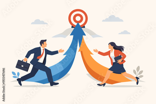Business Collaboration and Synergy Concept with Businessman and Woman Running Towards a Common Target, Representing Teamwork, Joint Alliance, Merger, Acquisition, and Strategic Growth Together.