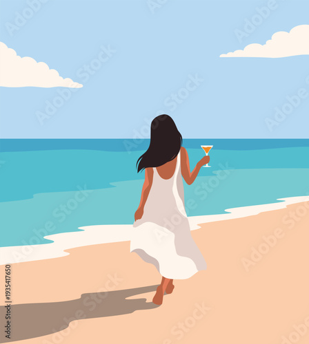 Summer holidays. Walk the beach. Woman or girl on vacation in tunic, swimsuit, walking along the beach with cocktail in hand. Sky, sea, shore. Vector summer design for travel, tourism, recreation
