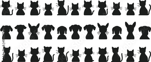 Rows of black cat and dog silhouettes in various poses on a white background Keywords: cat, dog, silhouette, animal, pet