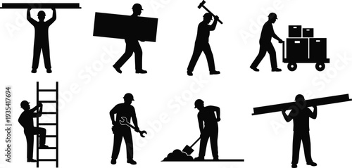 Construction worker silhouettes collection vector, builders carrying materials tools and equipment isolated on white background illustration set