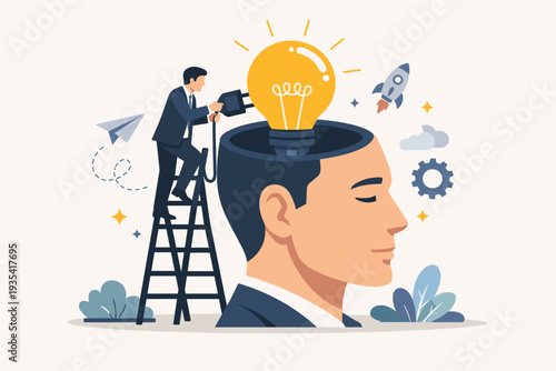Creative businessman on a ladder plugging in a lightbulb inside a giant human head, symbolizing innovation, brainstorming, problem-solving, imagination, and generating new business ideas.