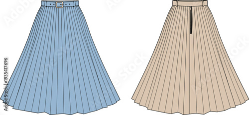 Fashion technical illustration of pleated skirts featuring waistband details, belt buckle and zipper closure variations, flared silhouette, structured pleats, and garment construction design concept