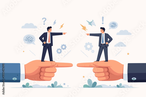 Two businessmen in suits standing on giant fingers pointing at each other, symbolizing workplace conflict, professional disagreement, different perspectives, and corporate argument concept.