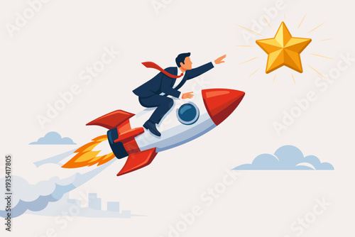 Businessman riding a rocket ship to reach a shining gold star, symbolizing career success, startup growth, innovation, and achieving professional goals in a flat vector illustration.