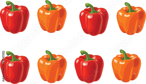 Red and Orange Bell Pepper Collection Fresh Sweet Capsicum Vegetable Isolated Food Vector Illustration Set