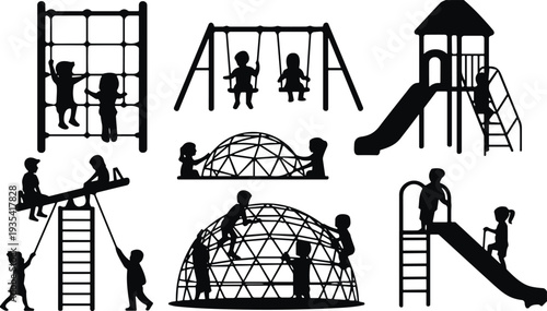 Children playing on playground silhouette set, kids on swings, slides, climbing frames, seesaw, dome, park equipment icons, outdoor activity, childhood fun vector illustration.