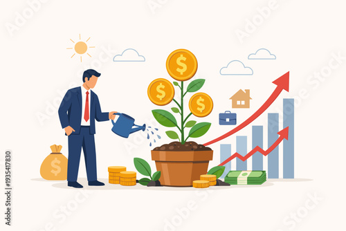 Businessman watering a money tree in a pot, symbolizing investment growth, financial success, and wealth accumulation through smart savings, stock market trading, and capital management strategy.