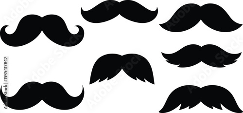 Seven black silhouette mustaches in different styles and shapes on white background moustache facial hair