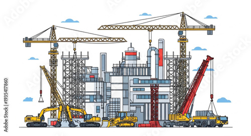 Construction site with cranes and buildings under development, urban landscape.