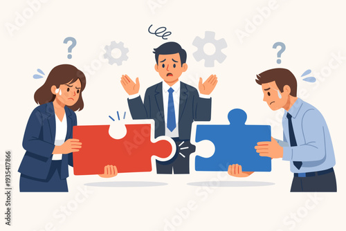 Business People Failing to Connect Mismatched Puzzle Pieces, Concept of Wrong Decision, Mistake, Incompatibility, and Mismanagement in Corporate Teamwork, Stressed Employees with Incorrect Solution