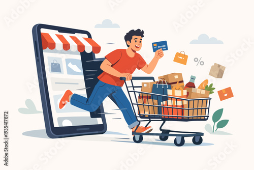 Online Shopping and Mobile Commerce Concept with Young Man Running Out of Smartphone Screen Holding Credit Card and Pushing Full Shopping Cart with Packages Groceries and Gift Boxes