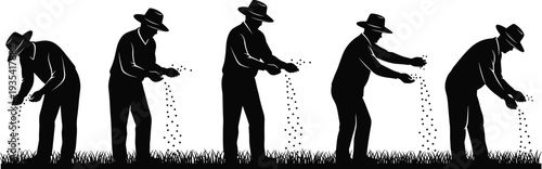 Farmer sowing seeds silhouette set vector, agriculture planting process isolated on white background rural farming illustration collection