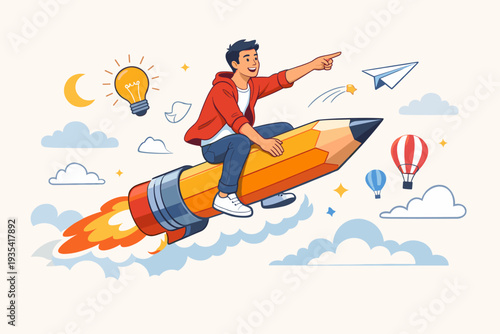 Creative young man flying on a giant pencil rocket through the clouds with a light bulb idea, paper plane, and hot air balloons, symbolizing imagination, education, innovation, and inspiration.