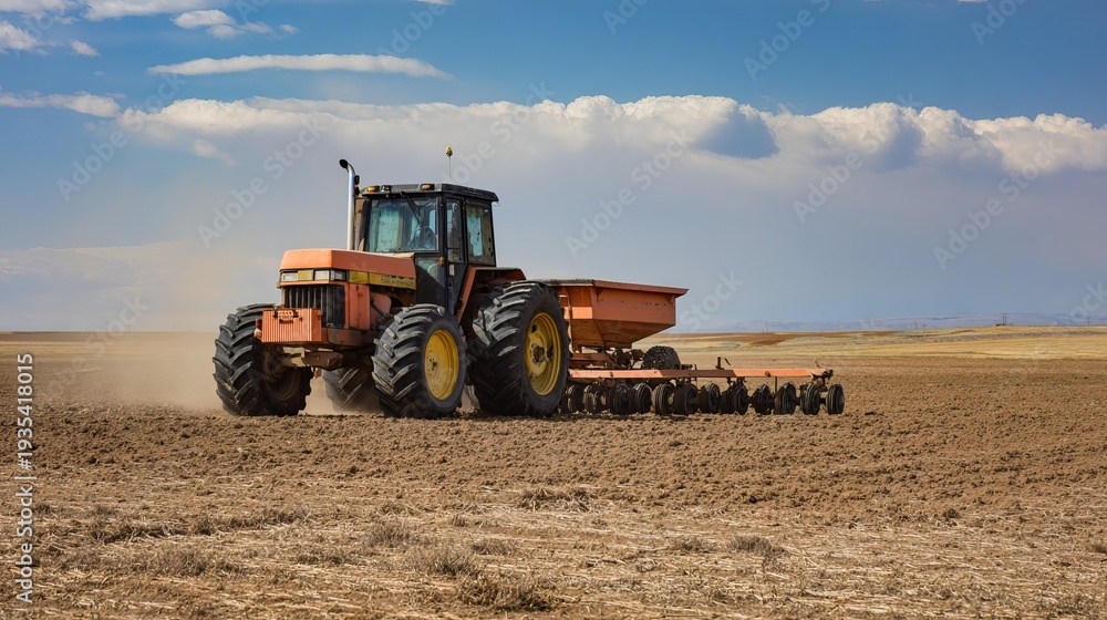 Obraz premium Farm tractor plants seeds in dry farm soil.