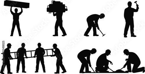 Construction workers silhouette set vector, builders carrying tools and materials isolated on white background illustration collection
