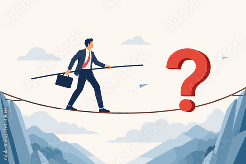 Professional businessman balancing on a high wire over a deep canyon towards a large red question mark, symbolizing financial risk, market uncertainty, and overcoming difficult challenges.