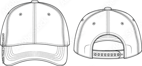 Baseball cap mockup front and back view, snapback hat template illustration isolated on white background design