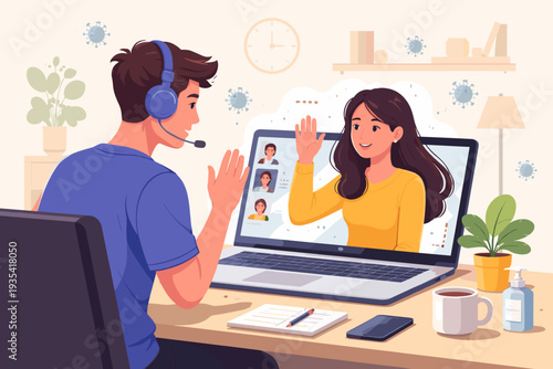 Vector Illustration of a Man Having a Video Conference Meeting with Team Members on a Laptop During Social Distancing and Coronavirus COVID-19 Pandemic, Remote Work and Online Education Concept