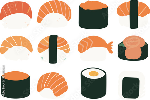 Salmon sushi set with nigiri, maki and gunkan rolls Japanese cuisine flat vector illustration collection isolated on background