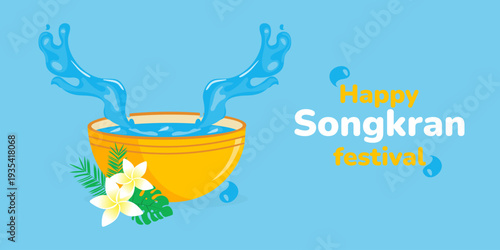 Songkran Water Festival with splashing bowl, flowers, and exotic leaves. Thai New Year celebration. Vector.