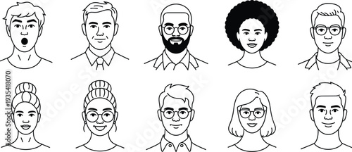 Ten diverse cartoon people avatars in black and white line art on white background Keywords: avatar, people, person, character