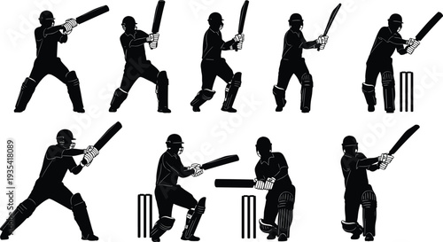Cricket player batting silhouettes collection, batsman action poses with helmet bat and stumps vector illustration isolated background