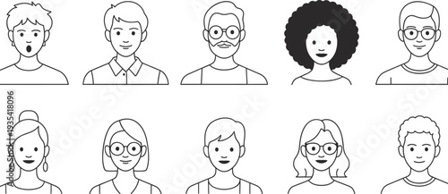 Ten diverse cartoon people avatars in black and white line art on white background Keywords: avatar, people, person, character