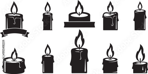 Set of black candle icons with flames and ribbons