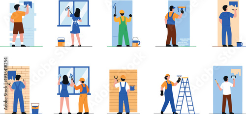 Flat vector illustration of professional painters and workers renovating walls, painting house interiors, home improvement service, construction maintenance, and diy renovation concept.