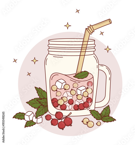Red and White Currant Smoothie in Mason Jar. Summer Refreshing Cocktail with Berries, Mint, Eco Straw and Ice Cubes. Vector Illustration Seasonal Healthy Lemonade