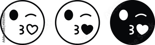 Three Kissing Face Emoticon Icons With Heart And Wink On White Background emoji love