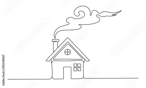 Simple line drawing of a cozy house with smoke coming out of the chimney on a white background