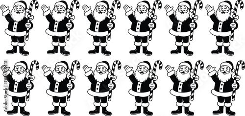 Twelve Cartoon Santas Holding Candy Canes In A Row On White Background santa claus christmas