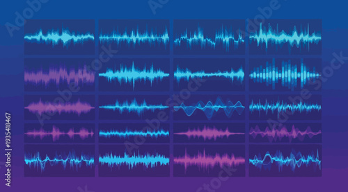 Vibrant sound wave patterns in shades of blue and purple on a gradient background