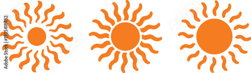 Three orange sun icons with wavy rays on a white background Keywords: sun, icon, orange, symbol, weather, heat, summer, bright