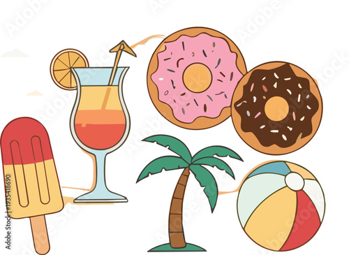 Summer vacation elements set with donuts, cocktail drink, ice cream popsicle, palm tree and beach ball flat vector illustration