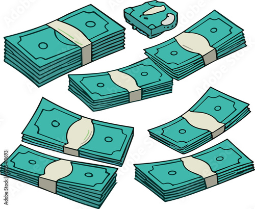 Stacks of cash money bundles and banknotes collection finance wealth payment concept cartoon flat vector illustration set