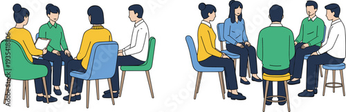 Minimalist vector illustration of diverse people sitting in a circle for group therapy, counseling sessions, mental health support, and community meeting concept. (22 words)