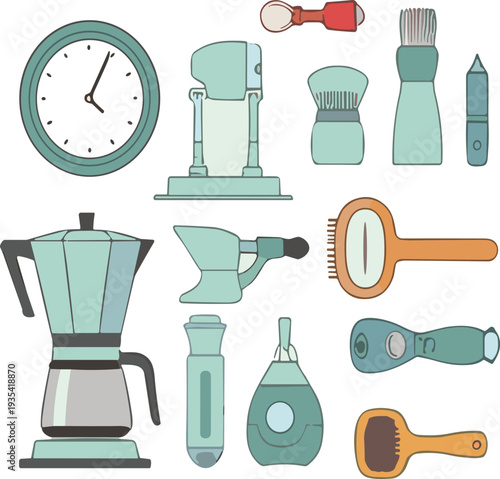 Vintage barbershop and grooming tools collection with coffee maker clock shaving brush razor and salon equipment vector illustration set